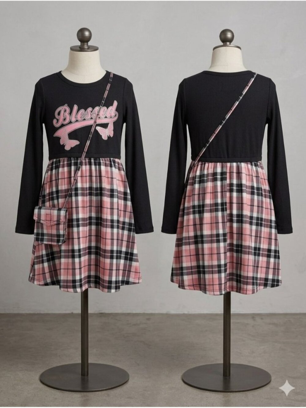Girls Blessed Butterfly Plaid Dress w/ Crossbody Bag Size 14/16 Pink Barbiecore